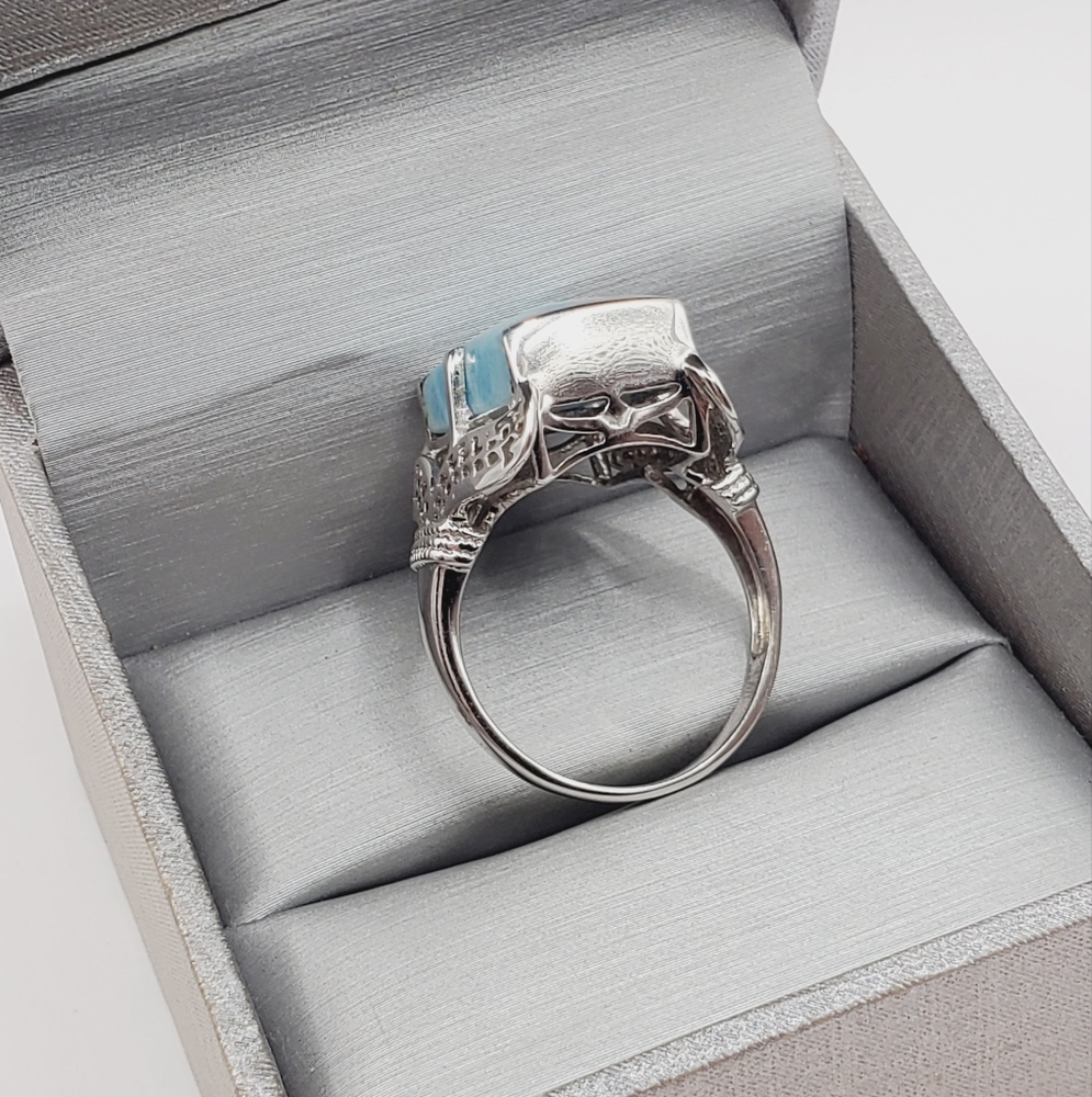 925 Sterling Silver Genuine Rectangle Blue Larimar Statement Ring - Picture 4 of 9